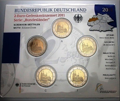 GERMANIA 2011 - 5 x 2 euro comemorativ -Domul din Koln -A,D,F,G,J -blister/BU foto