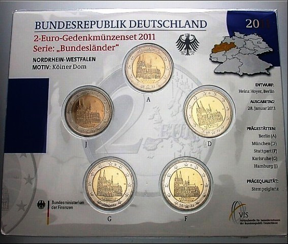 GERMANIA 2011 - 5 x 2 euro comemorativ -Domul din Koln -A,D,F,G,J -blister/BU