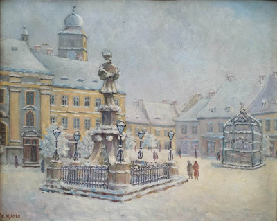 W. Milata-Peisaj de iarnă cu Piaţa Mare din Sibiu, veche pictură (ante 1948) foto