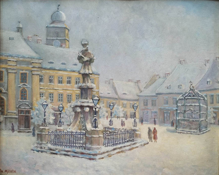 W. Milata-Peisaj de iarnă cu Piaţa Mare din Sibiu, veche pictură (ante 1948)