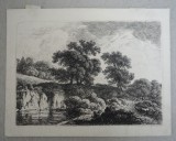Anton K&ouml;lbl &quot;Trasura trecand pe malul unui lac&quot; gravura veche cca 1800
