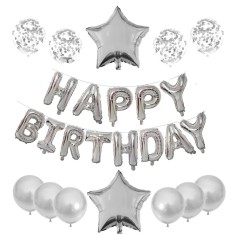 Set 25 de baloane din folie metalizata si latex, flippy, figurine 2 stele, 4 baloane confetti, 13 litere, 6 latex, model happy birthday, tema aniversa