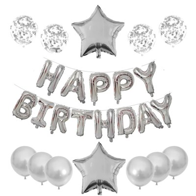 Set 25 de baloane din folie metalizata si latex, flippy, figurine 2 stele, 4 baloane confetti, 13 litere, 6 latex, model happy birthday, tema aniversa foto