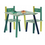 Cumpara ieftin Set mobilier copii, model dinozaur, albastru si verde, lemn + MDF, 50x50x42 cm, Chomik