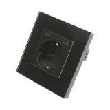 Priza schuko simpla neagra 220V, 16A, 2xUSB-C 20W incarcare rapida, rama din sticla 86x86x34mm