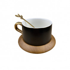 Set Ceasca de cafea din ceramica cu farfurie din lemn si lingurita, Negru foto