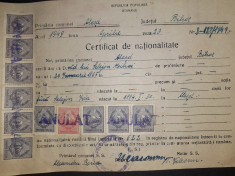 D68 Certificat de nationalitate 1949 cu timbre fiscale Stema RPR , fara stea foto