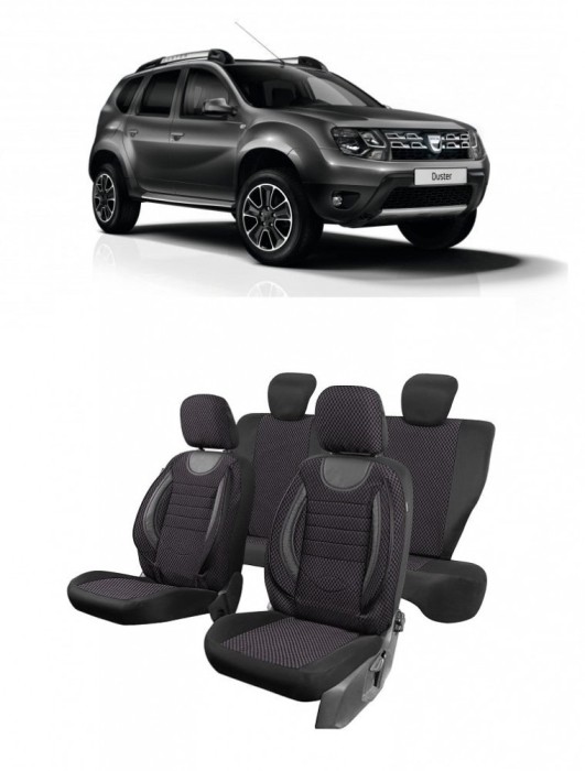 Set huse scaune compatibile Dacia Duster 2010-2017 Piele + Textil (Compatibile cu sistem AIRBAG)
