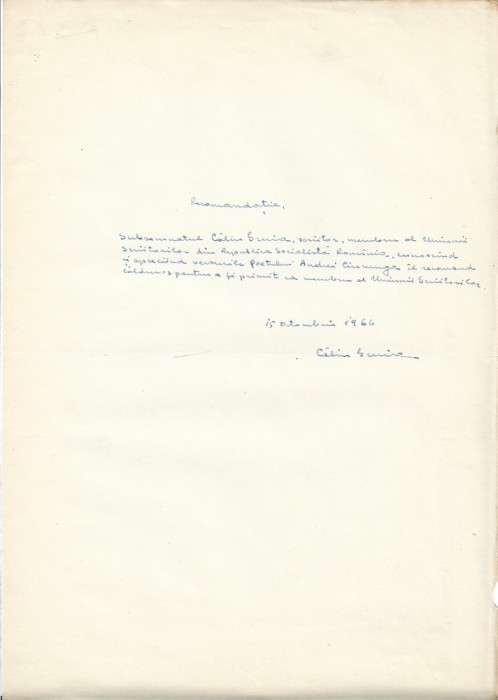 A3566N Călin Gruia (Chiril Gurduz), act scris și semnat olograf, 1966