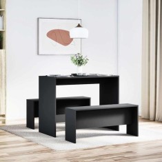 vidaXL Set masă și bănci de bucătărie, 3 piese, negru, lemn prelucrat