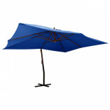Umbrelă suspendată cu st&acirc;lp din lemn, albastru azur, 400x300 cm