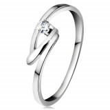 Inel din aur alb 14K cu diamant transparent, brațe &icirc;ndoite - Marime inel: 58