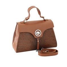 Geanta dama din piele naturala cu imprimeu croco, coniac, P166A
