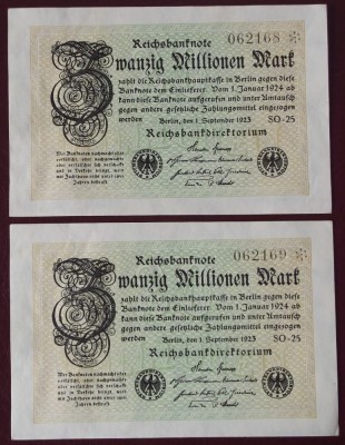 Germania 2 x 20.000.000 20 milionen MARK 1923 serii consecutive 168 169 ** foto
