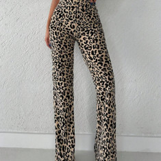 Pantaloni largi cu imprimeu leopard, crem, dama