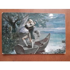 Carte postala, desen doi indragostiti pe lac, inceput de secol XX
