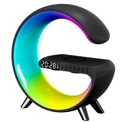 Lampa Smart LED RGB si Incarcator Wireless, Lumini Ambientale, Sincronizare muzicala, Difuzore, Bluetooth, Afisaj Ceas, Control prin aplicatie, Negru foto
