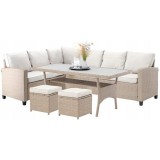 Set mobilier gradina/terasa, maro deschis si bej, ratan sintetic, 1 masa, 2 canapele, 2 tabureti, Cesme GartenVIP DiyLine