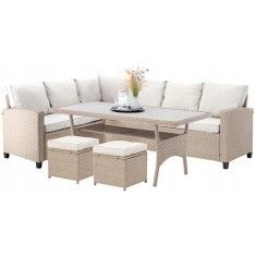 Set mobilier gradina/terasa, maro deschis si bej, ratan sintetic, 1 masa, 2 canapele, 2 tabureti, Cesme GartenVIP DiyLine foto