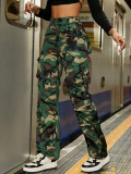 Pantaloni cargo cu imprimeu armata si talie medie, verde, dama, Shein
