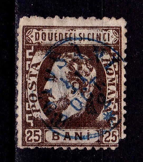 ✅ RO 1872 ,LP 37 ,&quot;Carol I cu barba- dant.&quot;,25 B sepia , defecte dantelura/colt ,stampilat BOTOSANI
