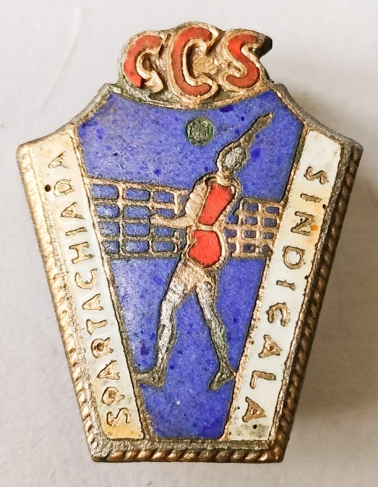 INSIGNA SPARTACHIADA SINDICALA CCS ( CONSILIUL CENTRAL AL SINDICATELOR ) VOLEI (CITITI DESCRIEREA)