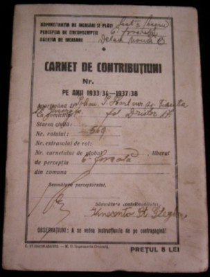 M3 C18 - 1933 - Carnet de contributiuni - Administratia de incasari si plati foto