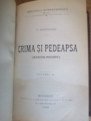 DOSTOIEVSKI, T. Crima si pedeapsa. Tr. de Mihail Canianu. Vol. I-II.,1899 - 1898 foto