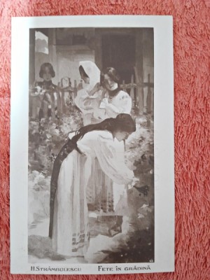 Carte postala, reproducere dupa tablou Fete in Gradina/H. Strambulescu, periada interbelica foto
