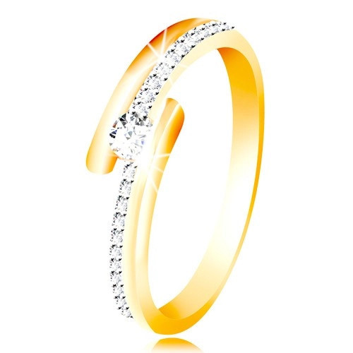 Inel din aur 585 - brațe divizate &icirc;n combinație cu aur alb, zirconiu rotund transparent - Marime inel: 59