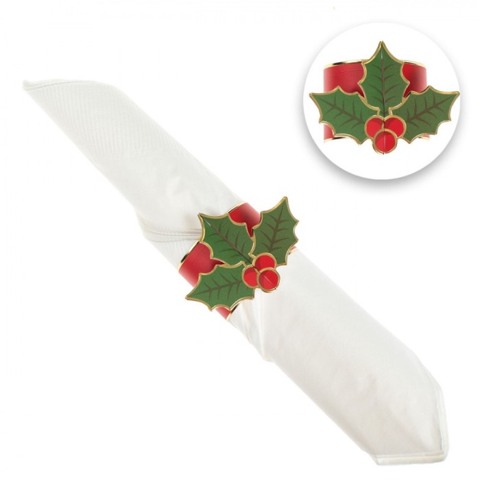 Set Inele Servetel Craciun, Frunze Vasc, Rosu, Verde, 10 Bucati, Hartie