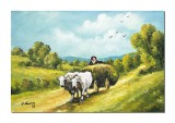 Tablou Carul cu boi pictat manual, 60x40cm ulei panza, reproducere Nicolae Grigorescu