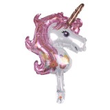 Balon din folie metalizata, flippy, figurina unicorn, tema animalute, 30 cm, ambalaj individual, pai inclus, umflare cu aer sau heliu, roz