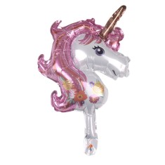 Balon din folie metalizata, flippy, figurina unicorn, tema animalute, 30 cm, ambalaj individual, pai inclus, umflare cu aer sau heliu, roz