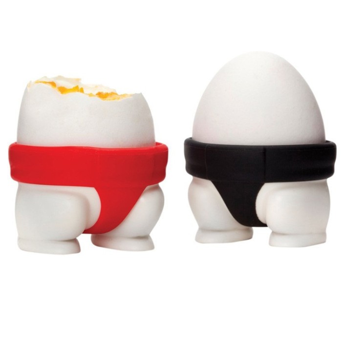 Set 2 suporturi pentru oua fierte, flippy, model sumo, din silicon si pp, multicolor