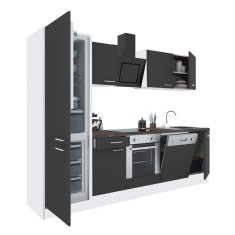 Mobilă de bucătărie Yorki 280, corp alb, față antracit satinat cu element cuptor inferior și frigider congelator inferior