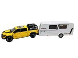 Macheta Ford Ram galben Pickup cu Rulota Camping 1:32 metal lumini si sunete deschide usile