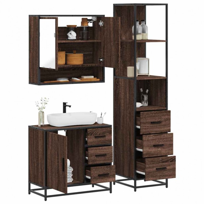 Gossi set mobilier de baie, 3 piese, stejar maro, lemn prelucrat