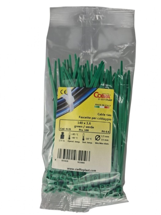 Set 100 buc colier cablu 140x3.6mm din plastic verde Cobra 9135