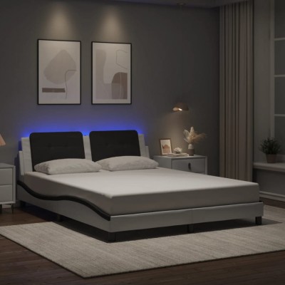 vidaXL Cadru de pat cu LED, alb și negru, 160x200 cm, piele ecologică foto