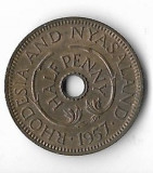 Moneda half penny 1957 - Rhodesia &amp; Nyasaland, Africa, Cupru (arama)