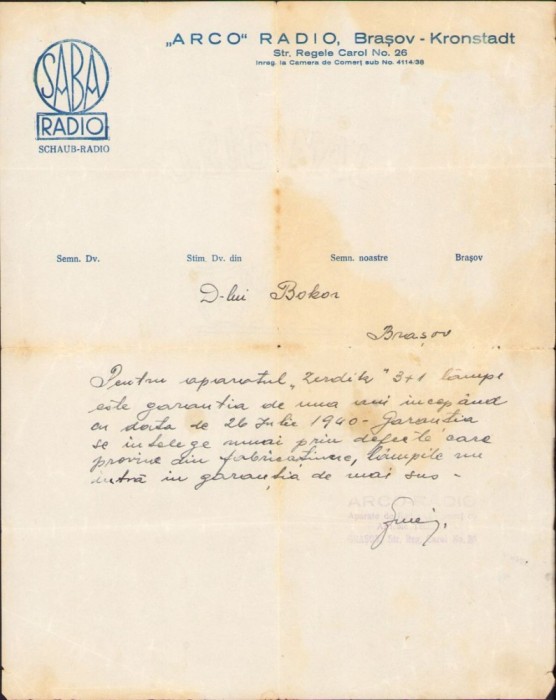 A2052 Factură cu antet &bdquo;Arco&rdquo; Radio, Brașov, 1940, garanție pentru un radio &bdquo;Zerdik&rdquo;