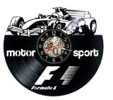 Ceas de perete decorativ realizat din disc de vinil, Model Formula 1 Monopost F1 Motorsport, Negru, 30 cm