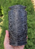 OBIECT DECORATIV VECHI ASIATIC SCULPTAT MANUAL &Icirc;N PIATRĂ NEAGRĂ