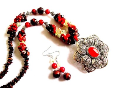 Set bijuterii ochi de taur, coral, prehnit si jad 38067 foto