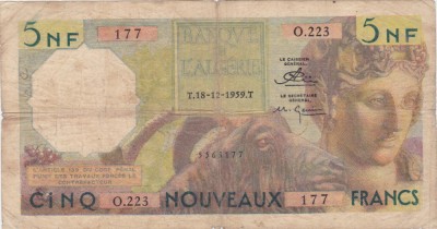 ALGERIA 5 FRANCI NOI 1959 Uzata foto