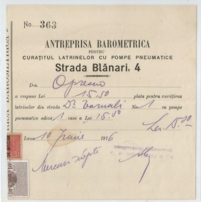 Romania, Antreprisa Barometrica pentru Curatitul Latrinelor cu Pompe Pneumatice, 1916 foto