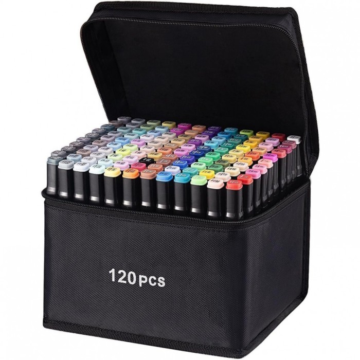 Set 120 Markere Duble, pe Baza de Alcool, Geanta Impermeabila Inclusa, Culori Numerotate, 20.3 x 17.5 x 17 cm, Multicolor