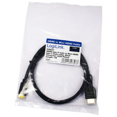 CABLU video LOGILINK, adaptor Mini-HDMI (Type C)(T) la HDMI (T), 1m, ver 1.4, conectori auriti, UHD 4K/ 30Kz, negru, &amp;quot;CH0021&amp;quot; (timbru verde 0.18 lei) foto