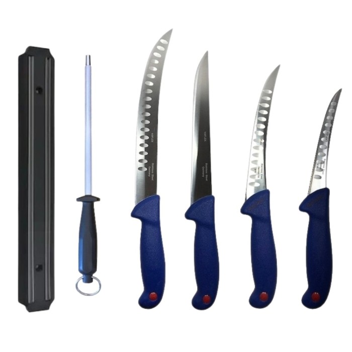 Set 4 cutite profesionale de macelarie, filetat, injunghiat, transat, dezosat, otel carbon, masat pentru ascutit, suport magnetic